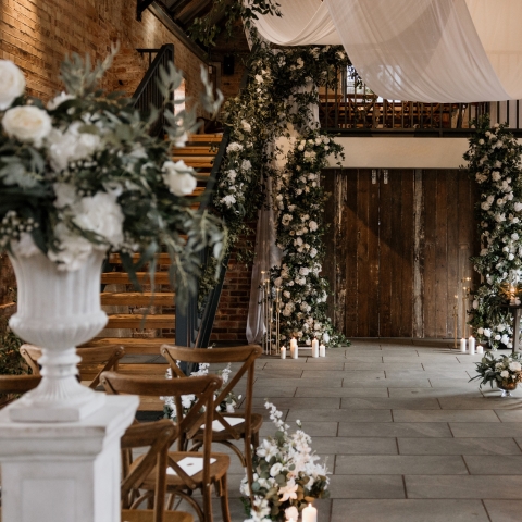 Ceremony Hall decorated in white roses