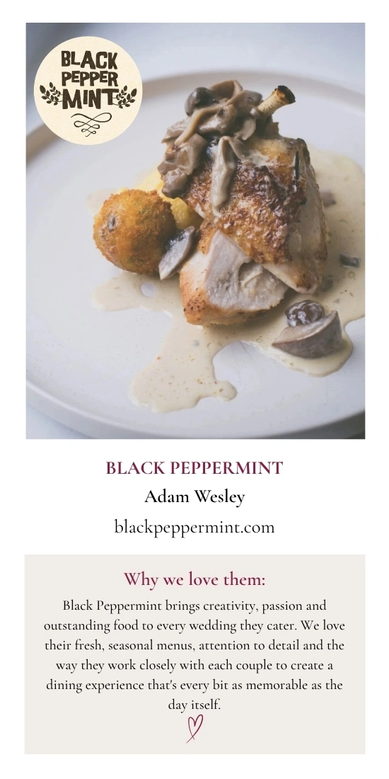 chicken dish prepared by Black Pepper Mint with text of why Thetford Farm Estate love them